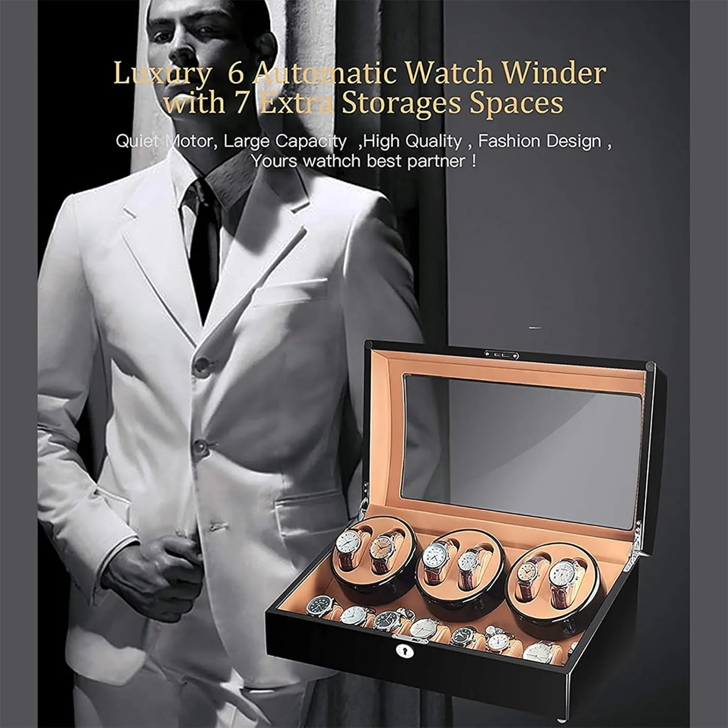 Wrist W,D Automatic Watch Winder for 6 Watch Winders 7 Storages Spaces seasonal endless molt forever volcanic freezing Pu Leather 4 Speeds Self-Winding Mechanical Watch Display Case Box Suitable for Men's and Ladies 
