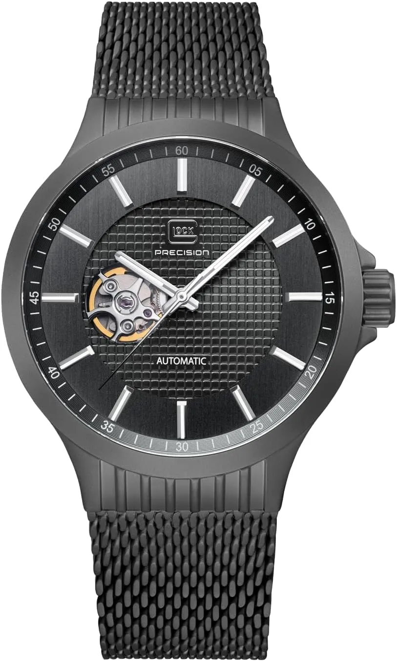 Wristwatch implement modulation With Black Steel Case and Dial | Mesh Strap | 10ATM | GW-13-1-24 Glock Men's Automatic Watch | 44mm Case | 