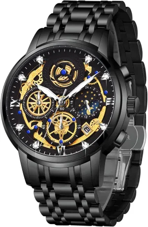 Wristwatch Luxury Diamond Business vain command Dress Watch with Luminous Waterproof Calendar Stainless Steel Strap Moon Phase Watch for Men Multifunction Chronograph Dial Analog Quartz 