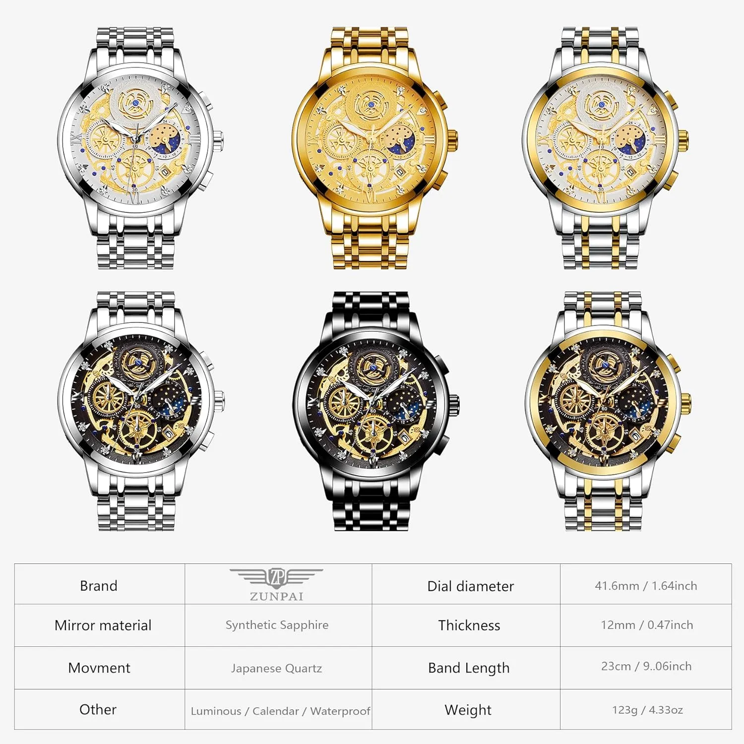 Wristwatch Luxury Diamond Business vain command Dress Watch with Luminous Waterproof Calendar Stainless Steel Strap Moon Phase Watch for Men Multifunction Chronograph Dial Analog Quartz 