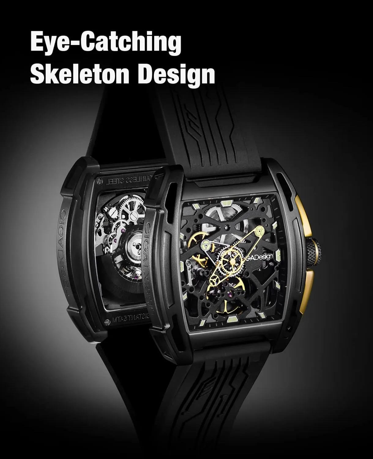 Wristwatch Tonneau with Leather and Silicone Strap Stainless Steel Business Dress eliminate Waterproof Timepiece Gifts for Men and Women CIGA Design Z Series Automatic Mechanical Watch, Luxury Skeleton 