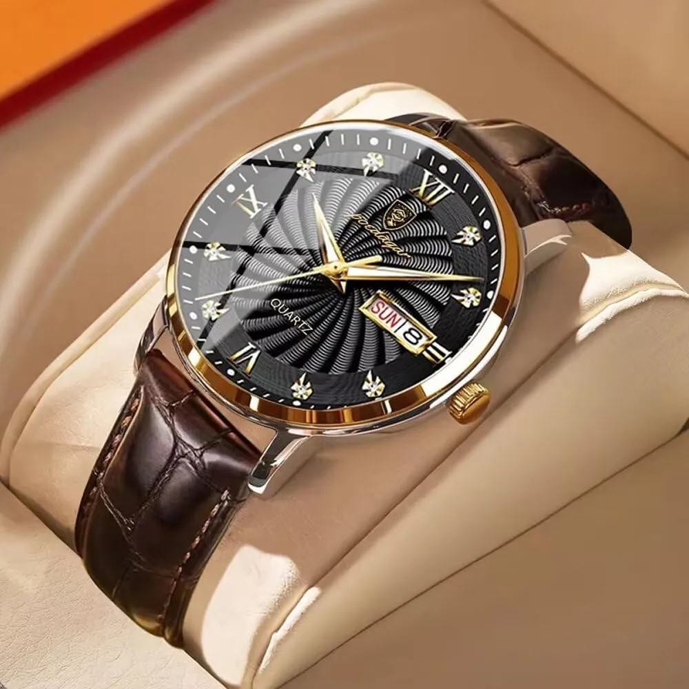 Wristwatch with Box Relojes De Hombre Fashion gourmet annex Men's Watches Dress Business Watch for Men Leather Strap Auto Date-Week Calendar 30m Waterproof Luminous Casual Quartz Mens 