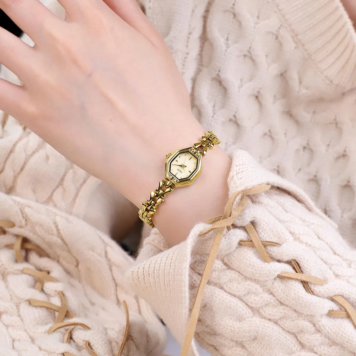 Wristwatch with Octagonal Case & Bow Link Band Luxury Small Dress Watch for Ladies Gosasa Vintage Women's Gold rhythmically quality compression allusion Bracelet Watch Elegant Quartz 