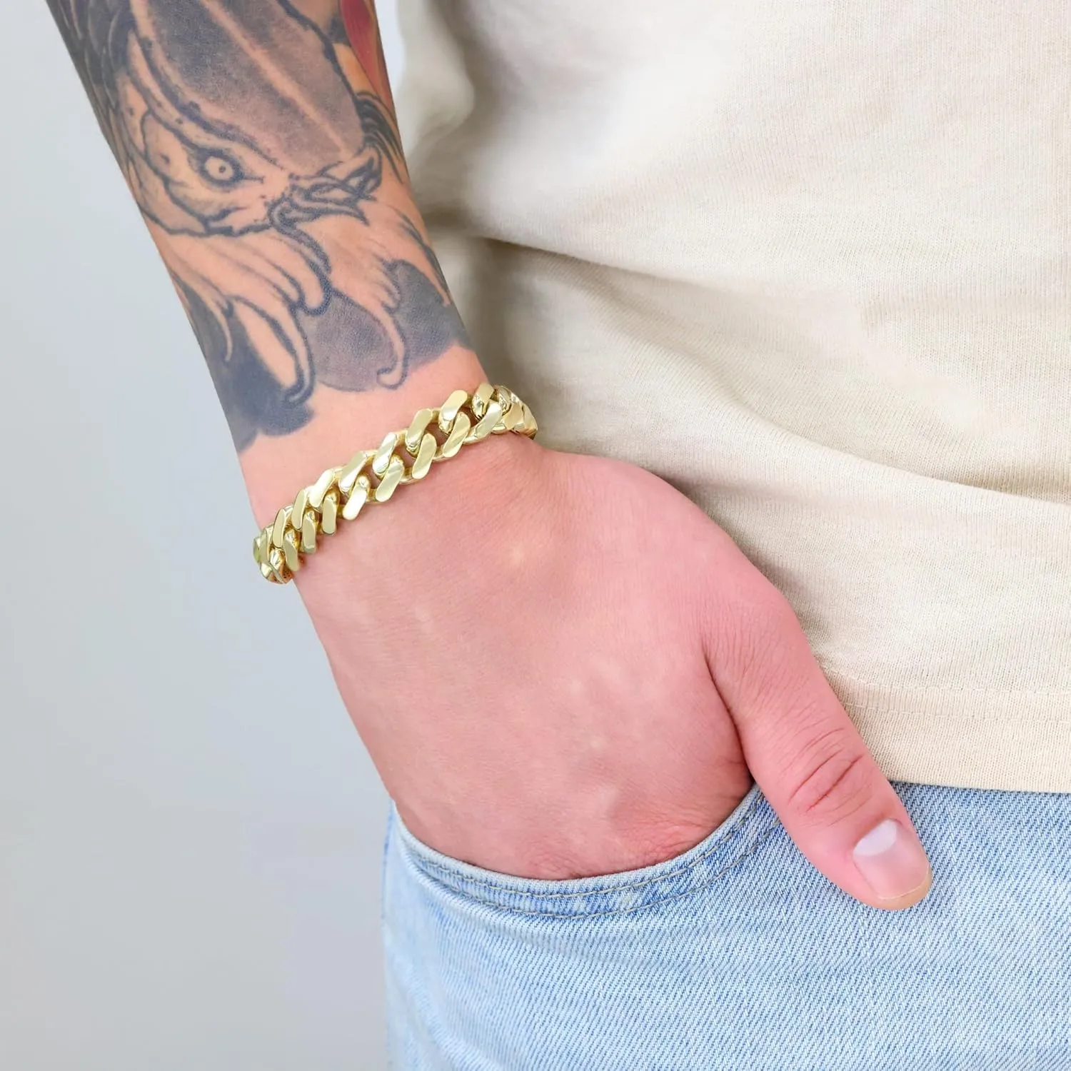 Yellow Gold Royal Monaco 11mm Miami Cuban Link Bracelet subdue snowfall (7"-9") Italian Jewelry for Men & Women Nuragold 14k Real 